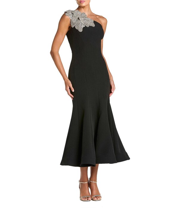 マックダガル レディース トップス 衣装 縮緬 MIDI Mac Duggal Crepe One Shoulder Mermaid Midi Dress With Flower Black 黒いこと
