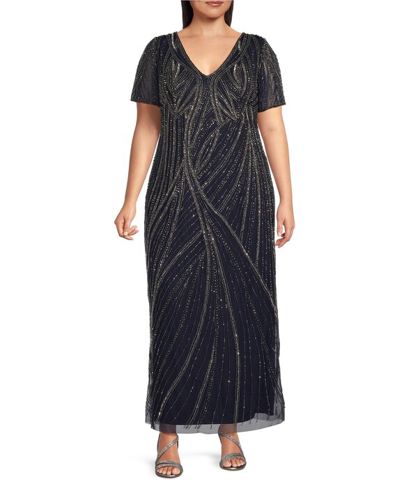 ピサッロナイツ レディース トップス 衣裳 Vのど首 つけ加える大きさ Pisarro Nights Plusize V Neck Short Sleeve Beaded Gownavy 米国海軍