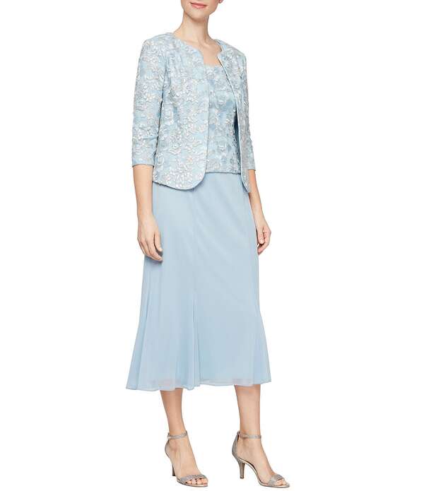 アレックスイブニングス レディース トップス 衣裳 プチ MIDI 上衣 Alex Evenings Petite Size Corded Godet Midi Jacket Dress Light Blue 青碧