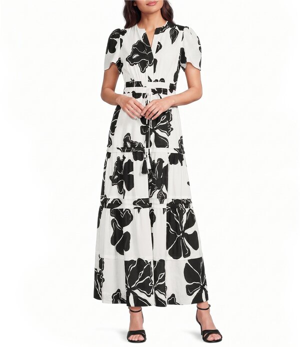 アレックスマリー レディース トップス 衣裳 お花柄 刷り上げる 綿織物 お花 Alex Marie Maura Floral V Neckline Short Sleeve Printed Cotton Dress Black White Floral 白いこと