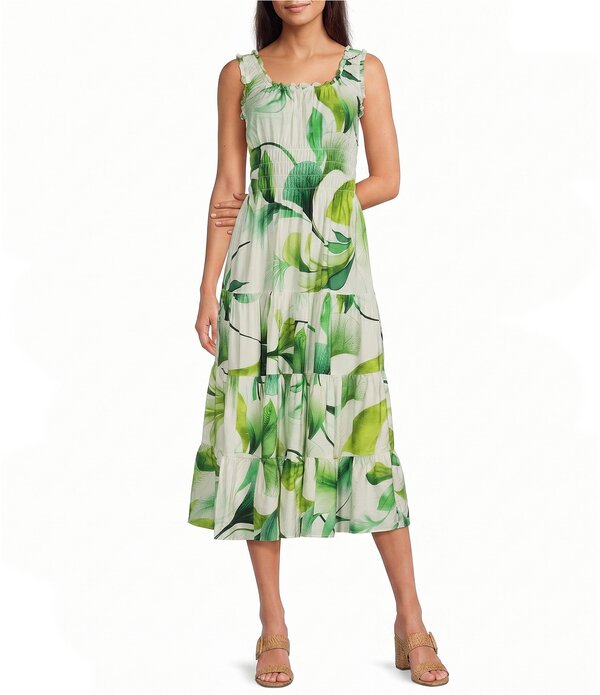 アレックスマリー レディース トップス 衣裳 刷り上げる ノースリーブ Alex Marie Bently Green Leaf Square Neck Sleeveless Printed Rayon Dress Green Leaf 緑であること