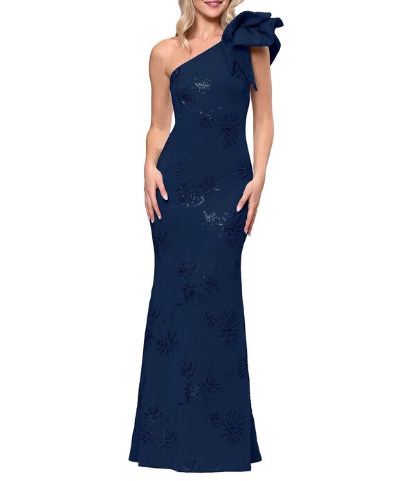 ベッツィアンドアダム レディース トップス 衣裳キューバ共和国 スパンコール Betsy \u0026 Adam Techno Scuba Sequin One Shoulder Bow Long Dress Navy 米国海軍