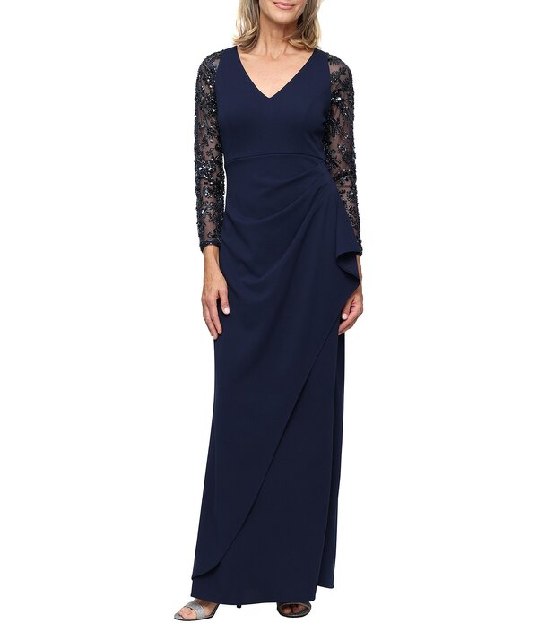 イグナイト レディース トップス 衣装 Vネックレープ Igniteveningstretch Crepe V Neck Illusion Beaded Sleeve Cascadetailong Dress Navy 米国海軍