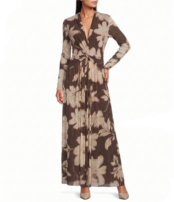 アンクライン レディース トップス 衣装 刷り上げる メッシュ Anne Klein Mesh Long Sleeve Leaf Print Gathered Waist Dress Molasses Multi マルチ色合い
