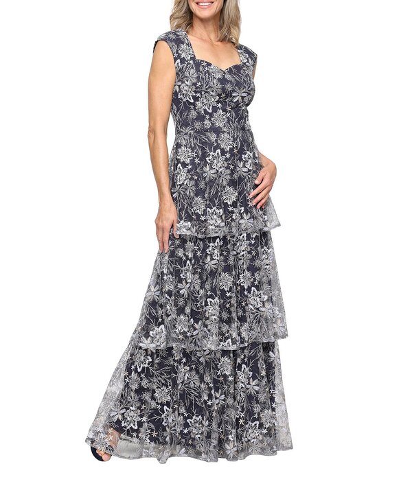 アレックスイブニングス レディース トップス 衣裳 ティアード スコート 刺しゅう Alex Eveningsweetheart Neck Tiered Skirt Embroidered Long Dress Navy Multi 米国海軍