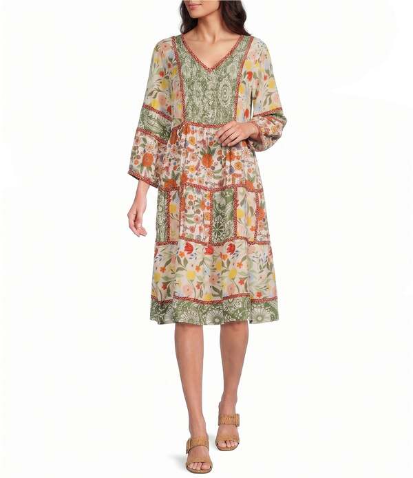 ジョン 見澄ます レディース トップス 衣裳 Vのど首 御花柄 御花 John Mark Mixed Floral V-Neck 3/4 Sleeve Shift Dress Floral Multi マルチ色つや