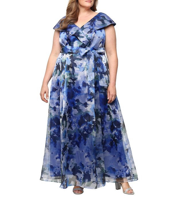 アレックスイブニングス レディース トップス 衣裳 お花柄 足し加える大いさ 刷り上げる お花 Alex Evenings Plusize Floral Print Organza Portrait Collar Tie Waist Gown Royal Multi マルチ色合い