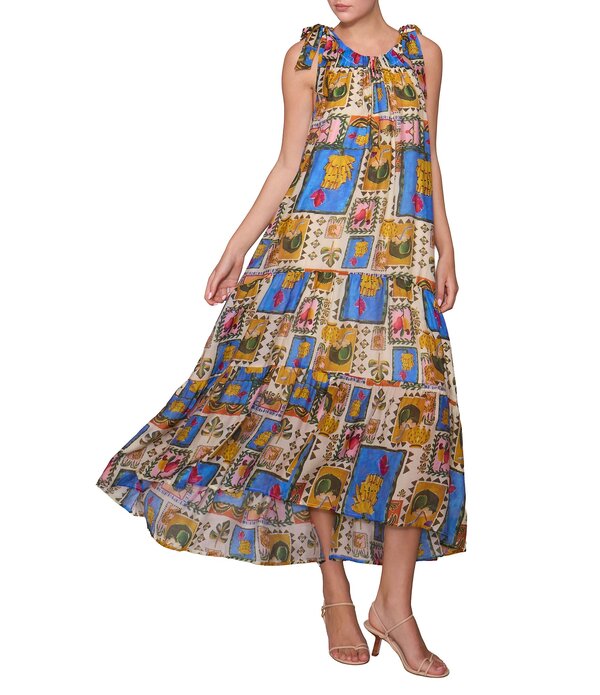 メロデイ レディース トップス 衣装 刷り上げる マキシ Melloday Printed Gathered Neck Tie Shoulder Maxi Dress Blue Multi 青色