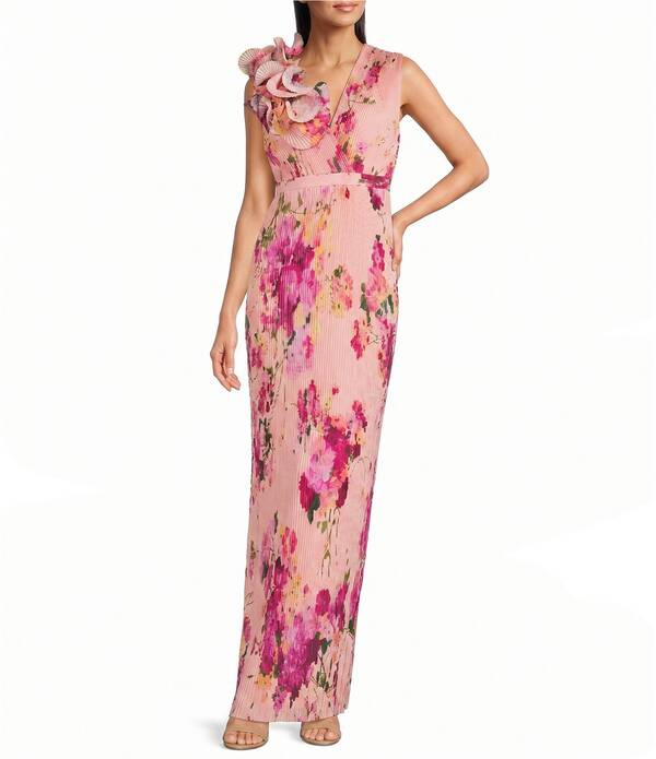 アイダンマットックス レディース トップス 衣装 御花柄 筋目 御花 Aidan Mattox Floral Pleated Gown With Flower Detail Pink Multi サクラ色