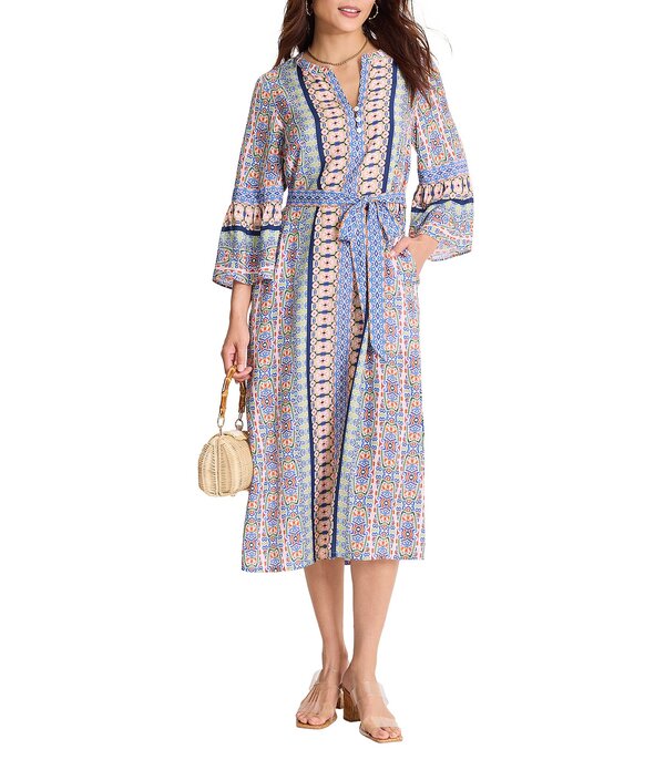 トッミーバハマ レディース トップス 衣裳 Vのど首 A 伝達ルート MIDI Tommy Bahama Mosaicove Viscose Blend V-Neck Bracelet Flared Sleeve A-Line Midi Dress Peach Blossom 桃