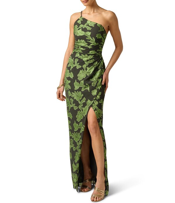 アドリアナ パペル レディース トップス 衣裳 Adrianna Evening by Adrianna Papell Burnout Jacquard One Shoulder Long Dress Black/Green 黒いこと