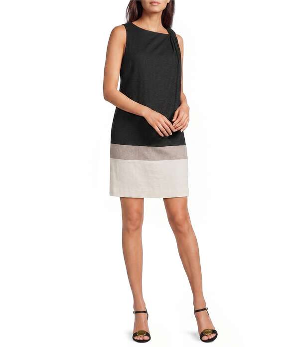 ダナキャラン レディース トップス 衣装 ノースリーブ 色合い差しつかえる リネン Donna Karan Linen Blend Colorblock Boat Neck Sleevelesshift Dress Black/Driftwood 黒いこと