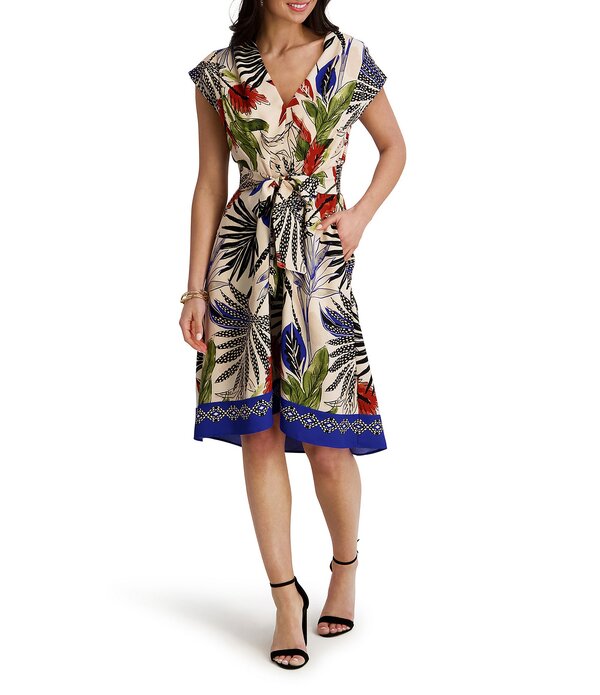 ケンジー レディース トップス 衣装 Vのど首 刷り上げる MIDI Kensie V Neck Palm Print Short Sleeve Midi Dress Natural Multi マルチ色合い
