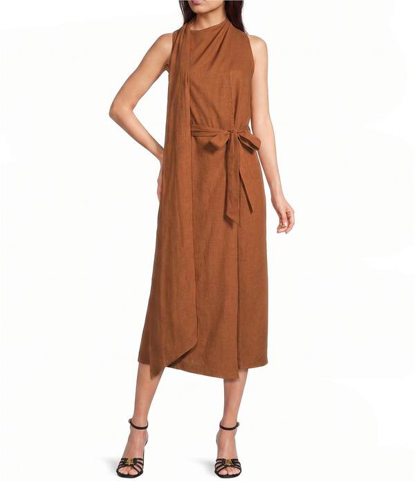ダナキャラン レディース トップス 衣装 A 生産ライン MIDI ノースリーブ リネン Donna Karan Linen Blend Sleevelesscarf-Neck Midi A-Line Dress Cognac