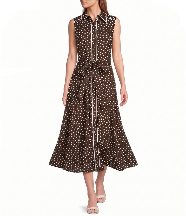 アンクライン レディース トップス 衣装 プルオーバー ノースリーブ Anne Klein Sleeveless Dotted Shirt Dress With Self Tie Dark Chocolate/White Dove 白いこと