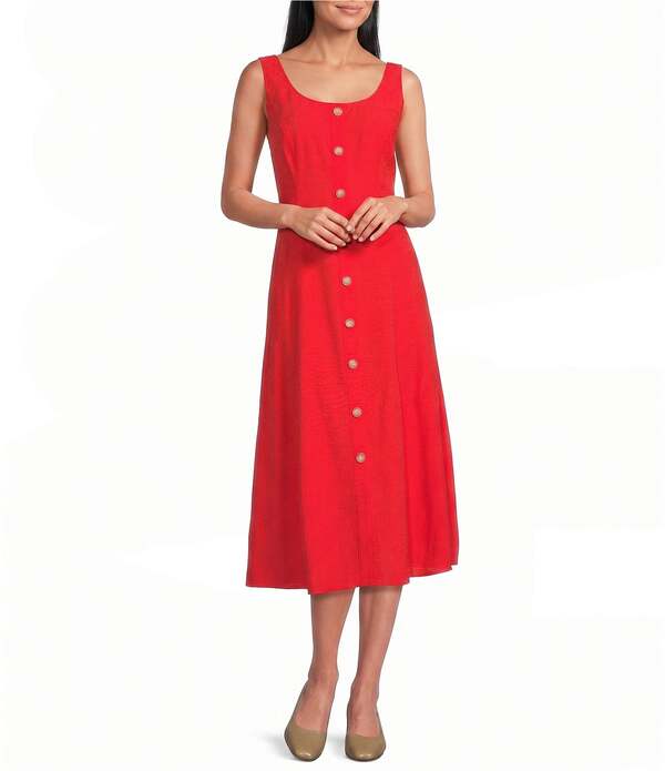 アンクライン レディース トップス 衣装 プチ MIDI リネン Anne Klein Petite Square Neck Button Front Linen Midi Dress Begonia Red 赤いこと