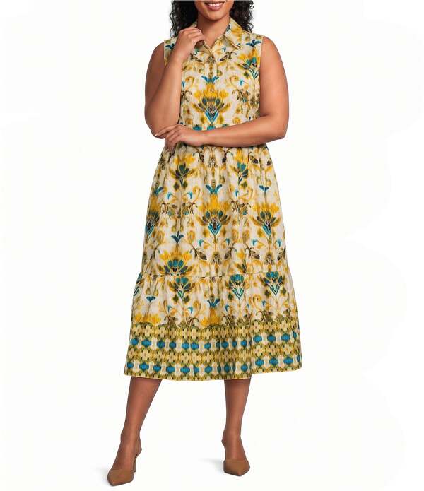 カスパール レディース トップス 衣装 足し加える大きさ 刷り上げる プルオーバー ノースリーブ Kasper Plusleeveless Printed Poplin Shirt Dress Butterscotch Multi マルチ色合い