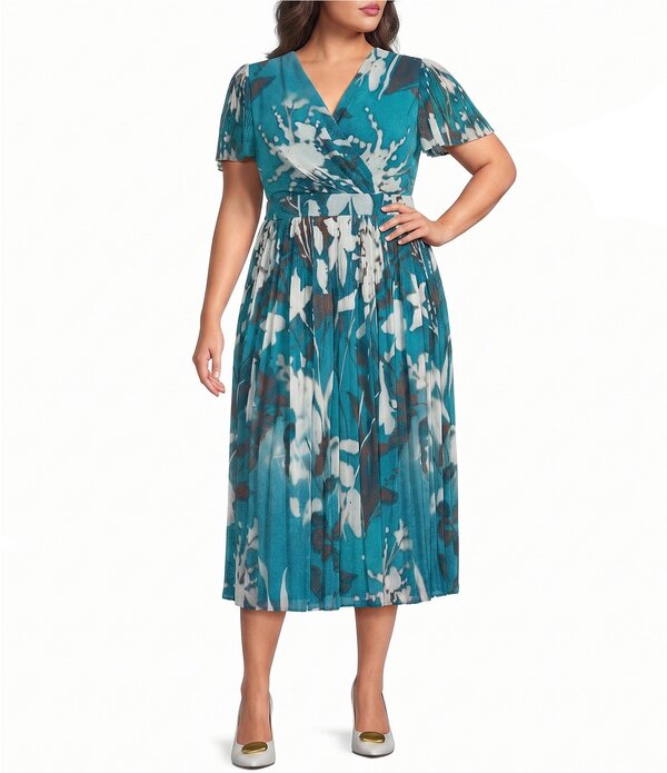 ダナキャラン レディース トップス 衣装 御花柄 足し加える大きさ 刷り上げる MIDI 御花 DKNY By Donna Karan Plusize Flutter Sleeve Floral Print Fit \u0026 Flare Midi Dress Misty Blue 青色