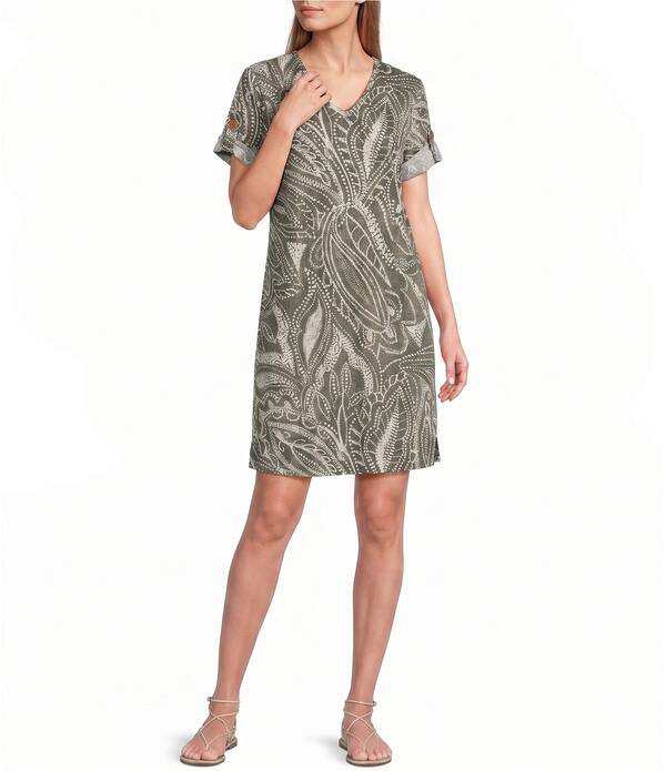 ウエストバウンド レディース トップス ワンピース Vネック プチ Westbound Petite Size Short Sleeve V-Neck Short Dress Dotted Vines|ReVida 店