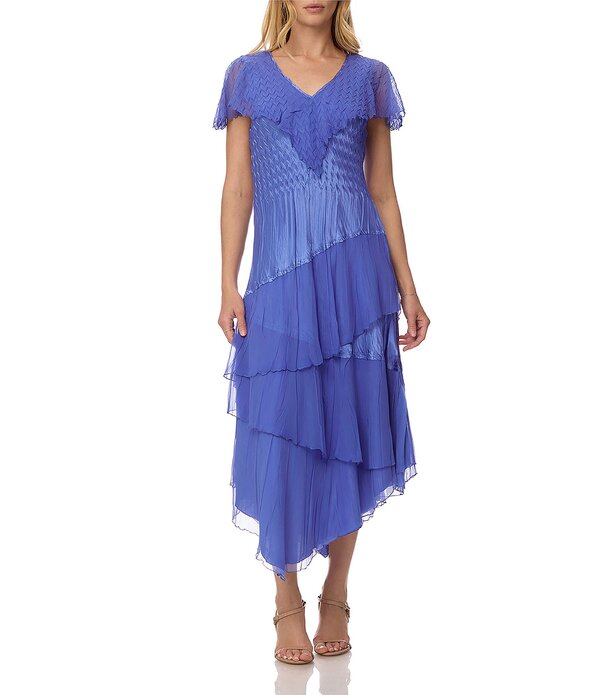 コマロフ レディース トップス 衣装 シフォン フラウンス MIDI Komarov Charmeuse Midi Dress With Ruffle Chiffon Tiers Fregatta Blue 青色