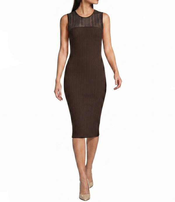 ダナキャラン レディース トップス 衣装 労働者の一団のど首 MIDI ノースリーブ 編み物 DKNY by Donna Karan Knit Illusion Yoke Crew Neck Sleeveless Bodycon Midi Dress Tobacco