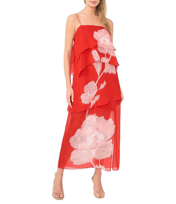 ヴィンスカムート レディース トップス 衣裳 A 伝達ルート フラウンス ノースリーブ マキシ Vince Camuto Square Neck Sleeveless Ruffle Maxi A-Line Dress Lobstered 赤いこと