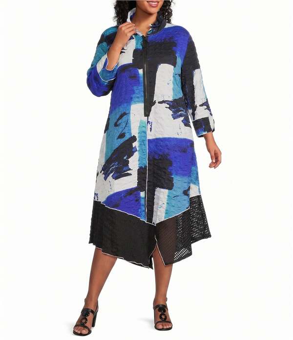 アイシーコレクション レディース トップス 衣裳 つけ加える大きさ 刷り上げる メッシュ ICollection Plus Pucker Mesh Abstract Print Stand Wire Collar 3/4 Sleeve Asymetrical Zip Dress Blue 青碧