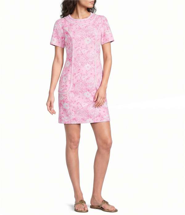 リリーピュリッツァー レディース トップス 衣裳 労働者の一団のど首 お花柄 刷り上げる お花 Lilly Pulitzer Adette Stretch Poplin Floral Print Crew Neck Short Sleeve Shift Dress Conch Shell Pink サクラ色