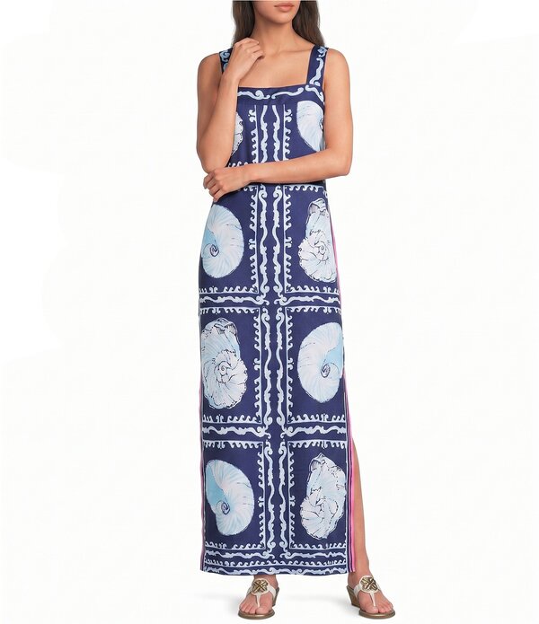 リリーピュリッツァー レディース トップス 衣裳 刷り上げる ノースリーブ マキシ Lilly Pulitzer Casandra Shell Shine Print Sqaure Neck Sleeveless Maxi Dress Low Tide Navy 米国海軍