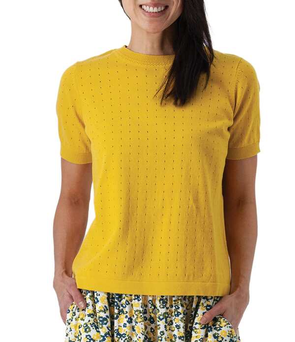 アベンチュラ レディース トップス プルオーバー 労働者の一団のど首 編み物 Aventura Lottie Pointelle Knit Crew Neck Short Sleeve Tee Lemon Curry