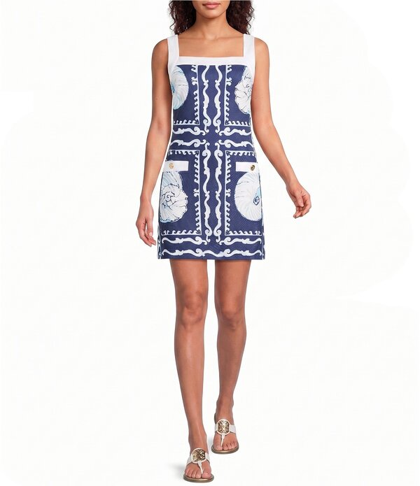 リリーピュリッツァー レディース トップス 衣裳 刷り上げる ノースリーブ Lilly Pulitzer Duffy Pique Shell Shine Print Square Neck Sleevelesshift Dress Low Tide Navy 米国海軍