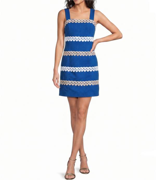 リリーピュリッツァー レディース トップス 衣裳 スピード競技刈り込み ノースリーブ スピード競技 Lilly Pulitzer Davis Wave Jacqaurd Square Neck Sleeveless Lace Trim Dresstarlight Navy 米国海軍