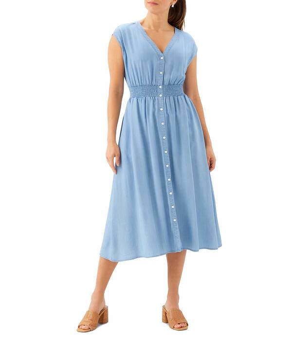 カレンケーン レディース トップス 衣装 Vのど首 プチ MIDI 旗がしら Karen Kane Petite Size Tencel V-Neck Cap Sleeve Button-Front Midi Dress Chambray
