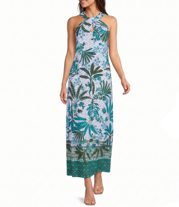 ジュードコーナリー レディース トップス 衣裳 刷り上げる ノースリーブ マキシ ホルター Jude Connally Bernadette Palm Royaloden Print Highalter Neck Sleeveless Maxi Dress Palm Royaloden