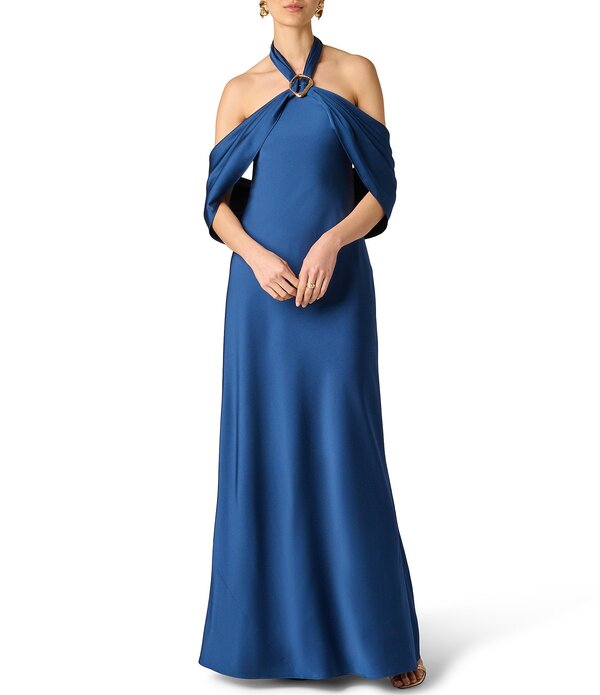 アイダンマットックス レディース トップス 衣装 ドレープ 繻子 ホルター Aidan Mattox Satin Halter Draped Long Dress Withardware Navy 米国海軍