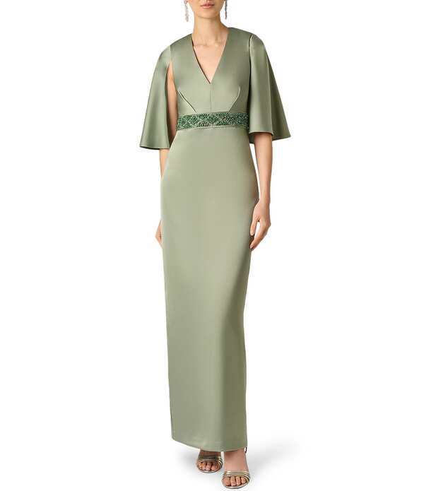 アイダンマットックス レディース トップス 衣装 ケープ青写真 繻子 旗がしら ケープ Aidan Mattox Satin Long Dress With Cape Likelbow Sleeves and Beaded Belt Moss
