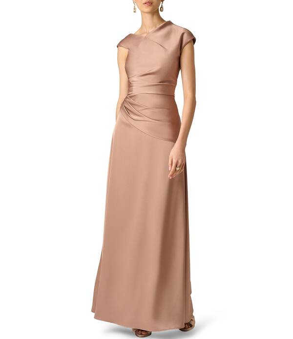アイダンマットックス レディース トップス 衣装 繻子 Aidan Mattox Satin Long Dress With Pleats Cafe Mocha モカ