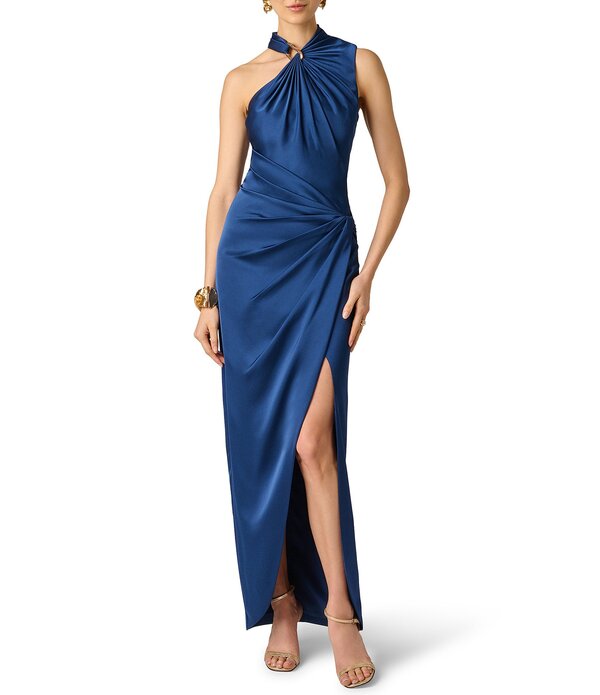 アイダンマットックス レディース トップス 衣装 繻子 Aidan Mattox Satin Long Dress With Gathers and Hardware Navy 米国海軍
