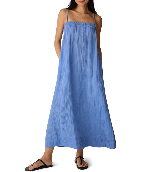 エイリーンフィッシャー レディース トップス 衣装 ノースリーブ 綿織物 マキシ Eileen Fisher Striped Organicotton Gauze Square Neck Sleeveless Cami Maxi Dress Cornflower 縞模様