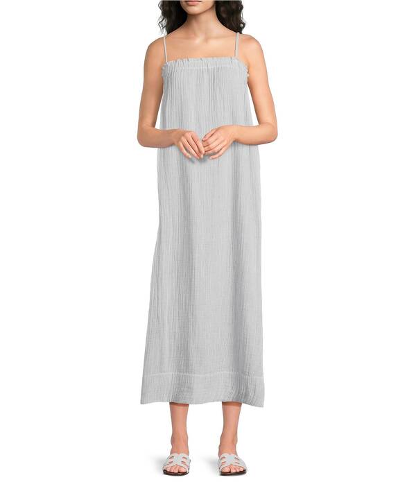 エイリーンフィッシャー レディース トップス 衣装 ノースリーブ 綿織物 マキシ Eileen Fisher Striped Organicotton Gauze Square Neck Sleeveless Cami Maxi Dress Hazelwood 縞模様