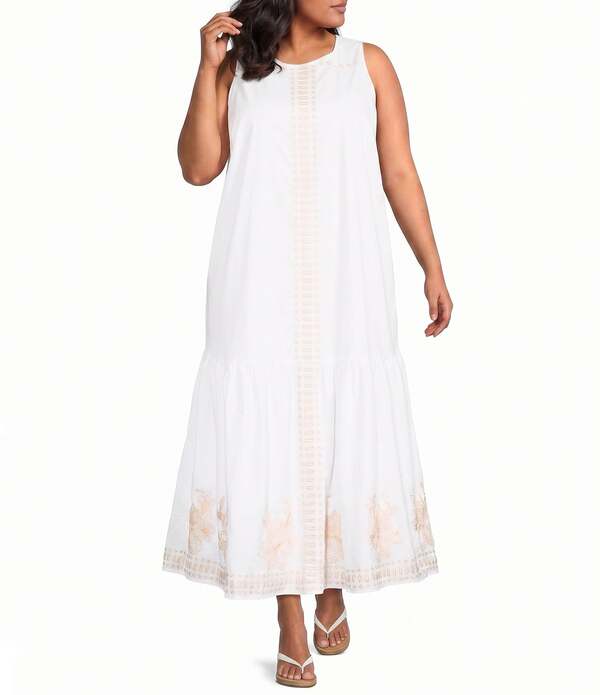 シュガーリップス レディース トップス 衣装 足し加える大きさ ノースリーブ マキシ Sugarlips Plusize Jilliani Embriodered Round Neck Sleeveless Maxi Shift Dress White 白いこと