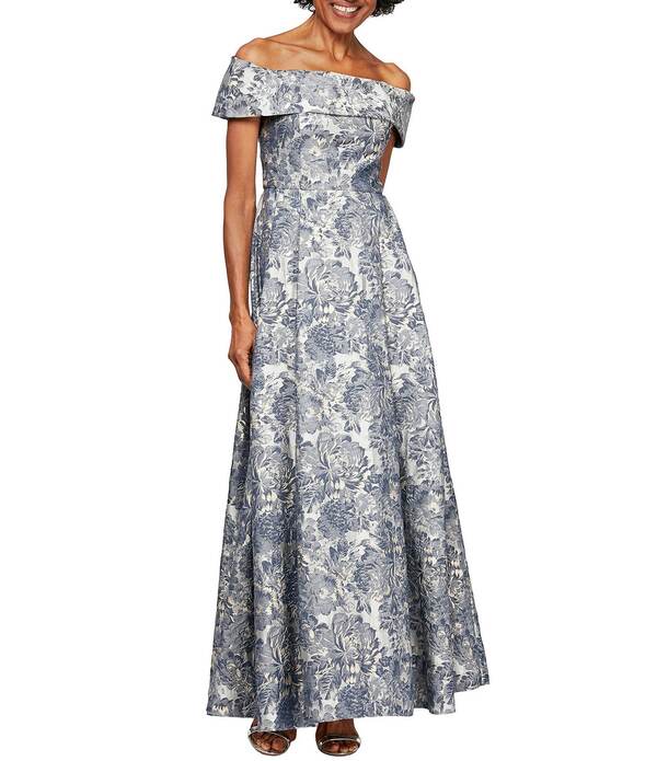 アレックスイブニングス レディース トップス 衣裳 プチ Alex Evenings Petite Size Off The Shoulder Jacquard Gown Silver Multi しろがね色