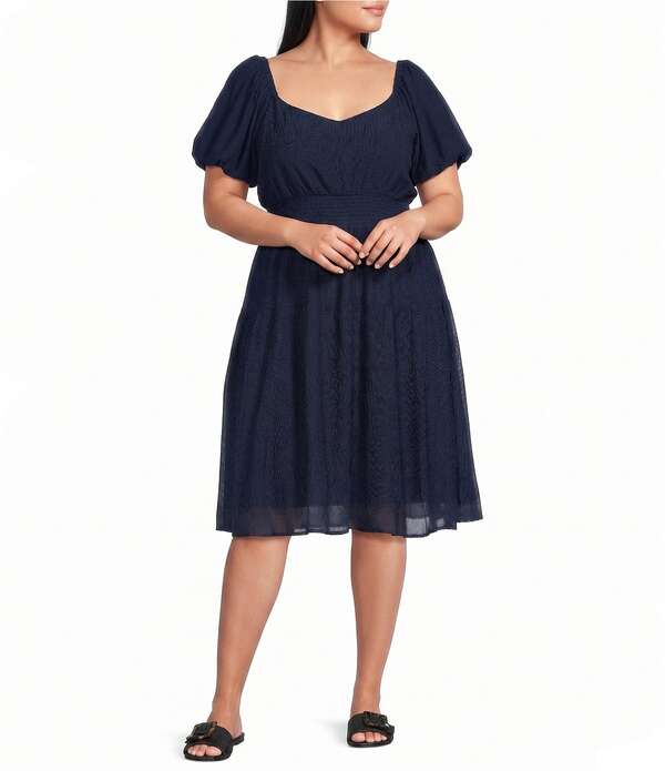 スカイズアブルー レディース トップス 衣装 ティアード 足し加える大きさ MIDI シャーリング Skies Are Blue Plusize Sweetheart Neckline Short Puff Sleeve Smocked Waistiered Midi Dress Navy 米国海軍