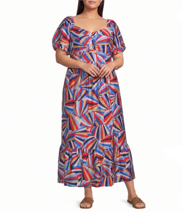 スカイズアブルー レディース トップス 衣装 ティアード 足し加える大きさ 刷り上げる マキシ Skies Are Blue Plusize Printed Sweetheart Neck Short Bubble Sleeve Tiered Maxi Dress Blue Multi 青色