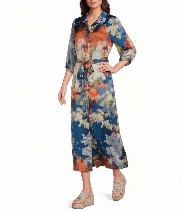 ブラジャーはたご屋 ウォーカー レディース トップス 衣裳 刷り上げる プルオーバー Bryn Walker Geraldine Woven Fiori Print Mandarin Collar Elbow Sleeve Button-Front Belted Shirt Dress Fiori