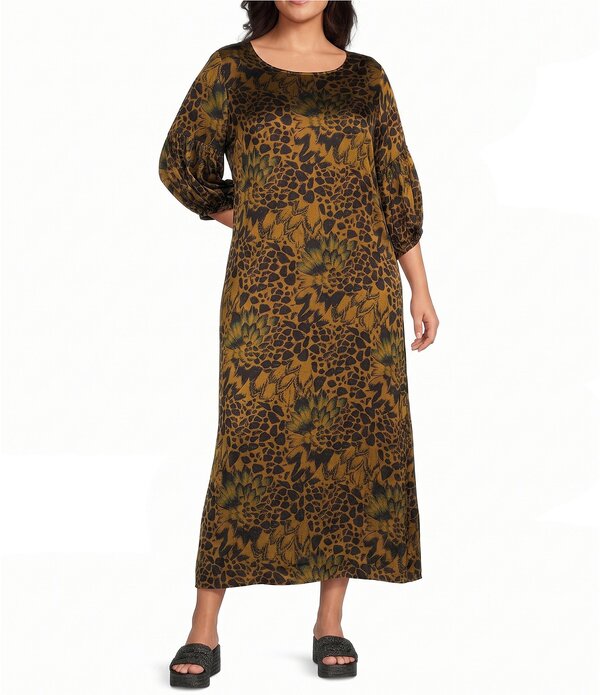 ブラジャーはたご屋 ウォーカー レディース トップス 衣裳 つけ加える大きさ 刷り上げる Bryn Walker Plusize Feather Print Round Neck 3/4 Sleeve Oversizedress Quinquina