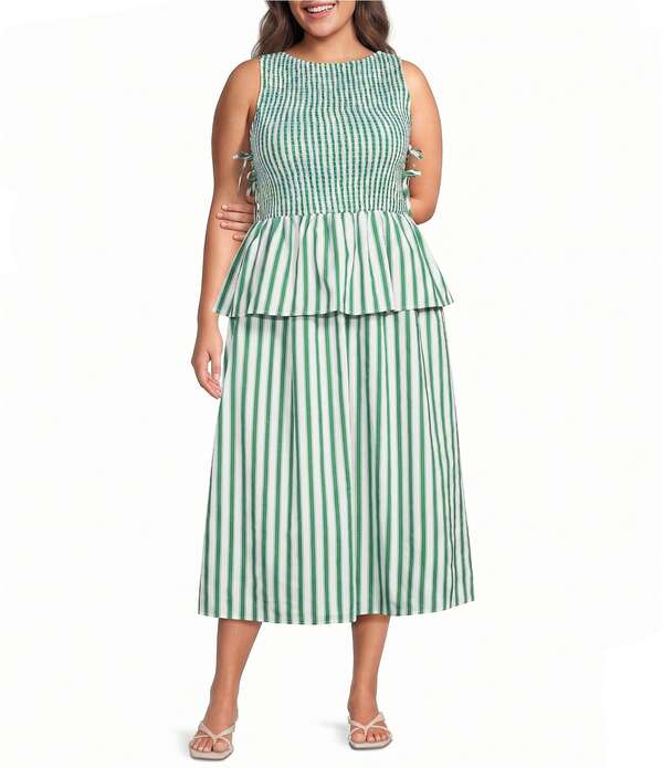 ルーシー光の都市 レディース トップス 衣装 足し加える大きさ MIDI ノースリーブ シャーリング Lucy Paris Plusize Merrit Striped Boat Neck Sleeveless Peplum Smocked Midi Dress Green Stripe 緑であること