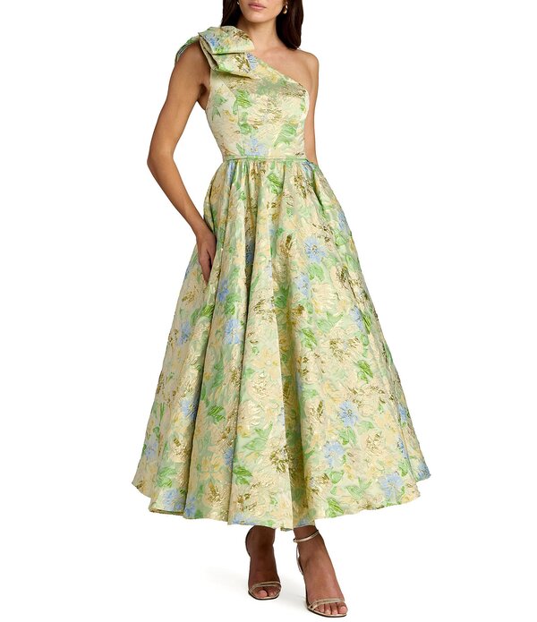 マックダガル レディース トップス 衣装 MIDI Mac Duggal Brocade One Shoulder Bow Detail Midi Dress Green Multi 緑であること