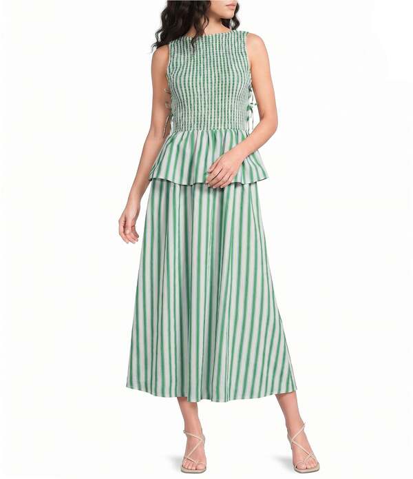 ルーシー光の都市 レディース トップス 衣装 プチ MIDI ノースリーブ シャーリング Lucy Paris Petite Size Merrit Striped Boat Neck Sleeveless Peplum Smocked Midi Dress Green Stripe 緑であること