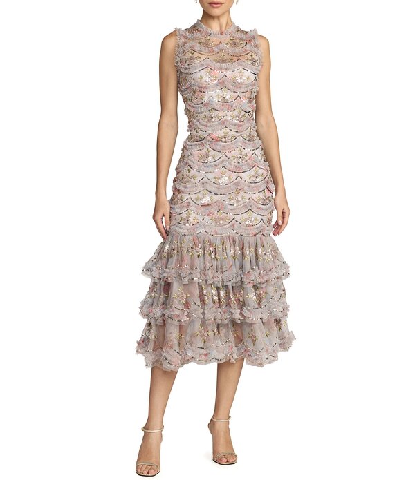 マックダガル レディース トップス 衣装 フラウンス裾 フラウンス メッシュ MIDI ノースリーブ Mac Duggal Mesh Sleeveless Fitted Ruffle Hemidi Dress Pastel Multi マルチ色合い